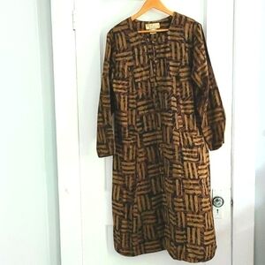 Vintage Geometric Printed Midi Dress, Earth Tones, Large